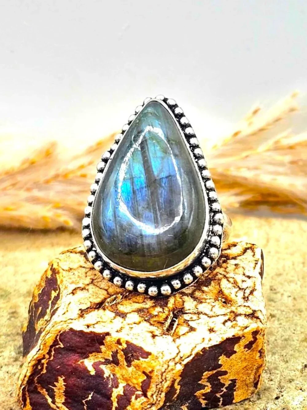 Nature Labradorite Flashy Teardrop Ring ( Size 8.5)